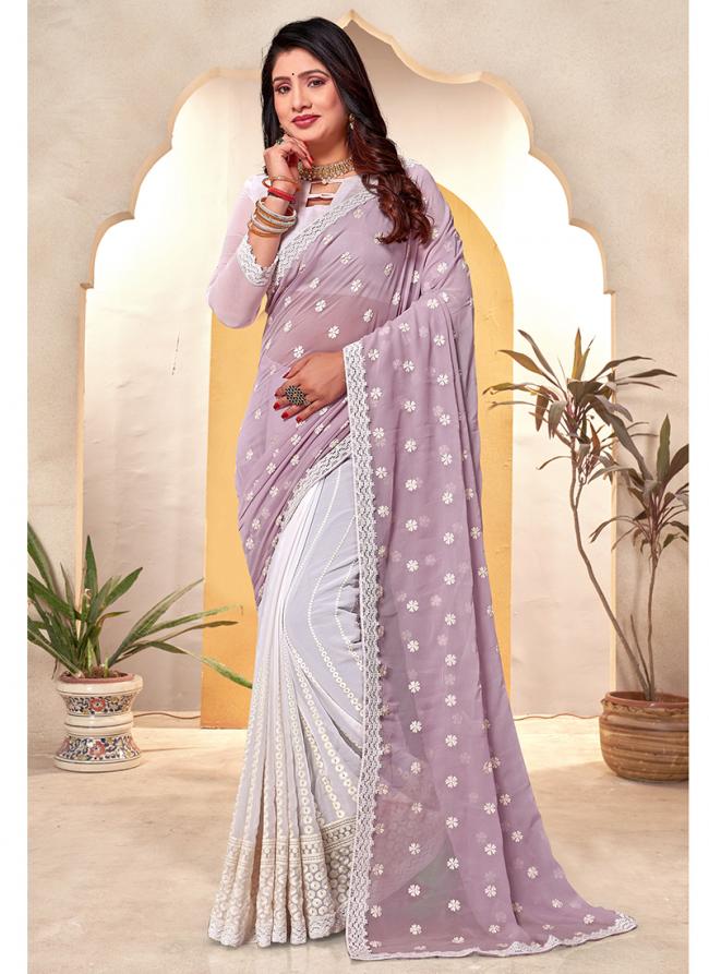 Georgette Levender Wedding Wear Embroidery Work Saree